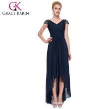 Grace Karin Cap Sleeve V-Neck High-Low Chiffon Navy Blue Prom Dress 8 Size US 2~16 GK000092-1